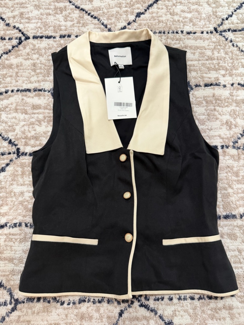 Reformation Black & Cream Reba Button Front Vest